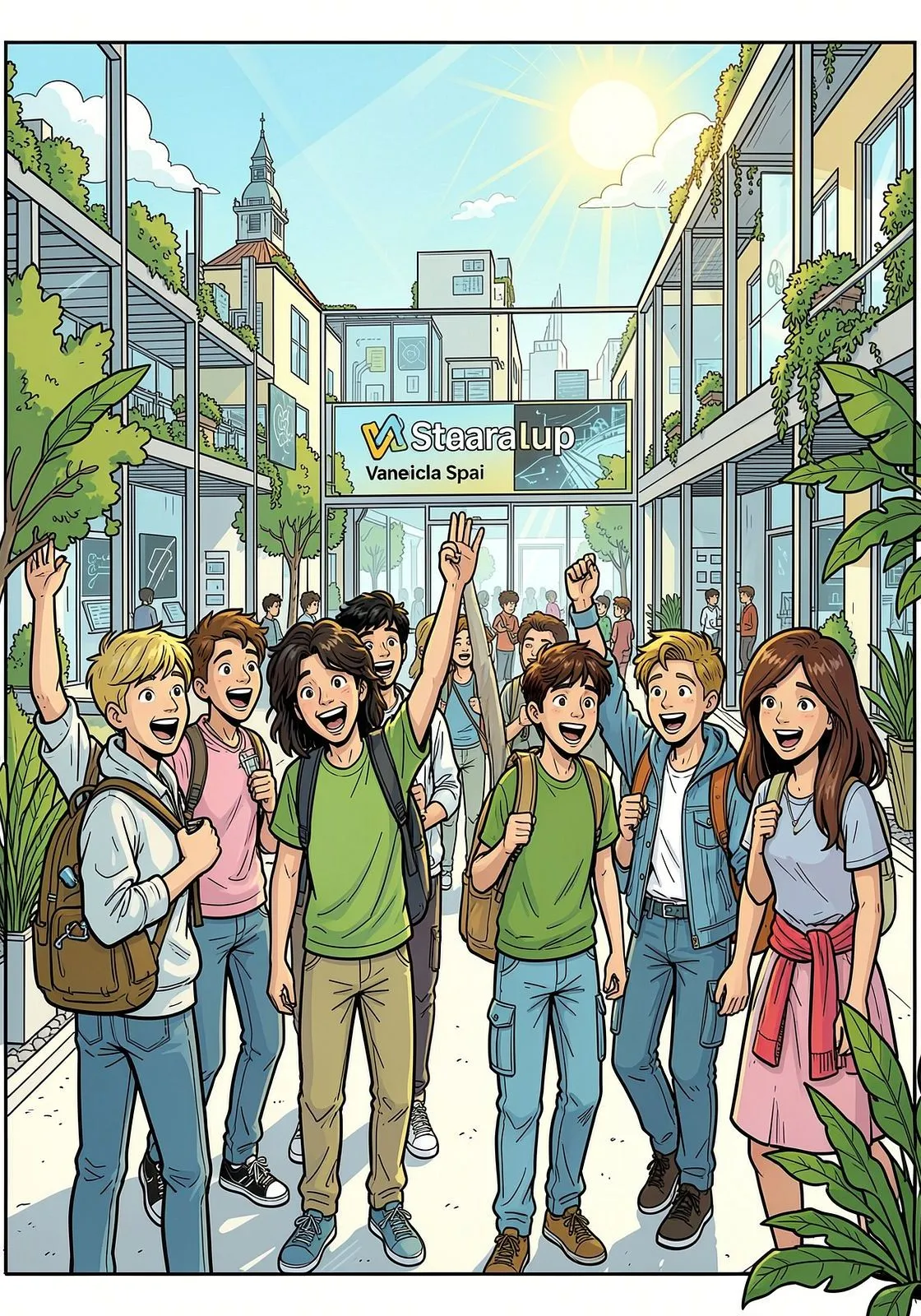 A group of international teenagers exploring sunny Valencia