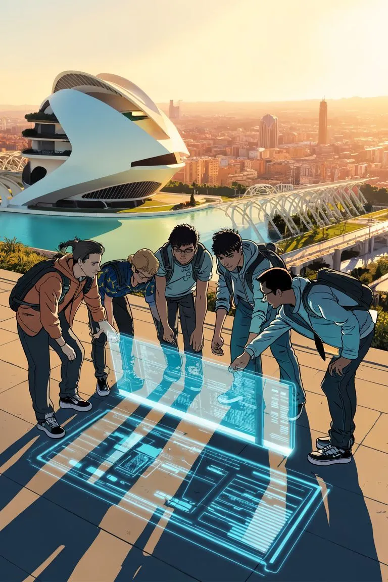 Teenagers exploring a holographic tech project above Valencia's City of Arts and Sciences