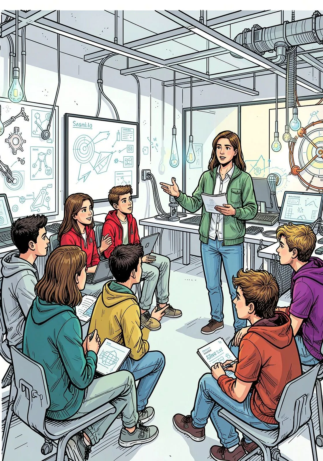 An educator leading a workshop with a group of international teenage students